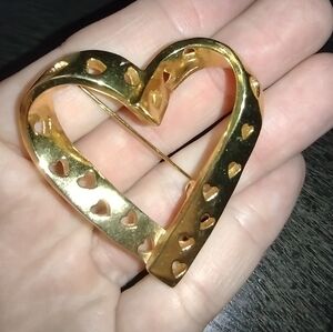 Vintage Signed Avon Golden Heart Brooch Pin Gold Tone, Cutouts, Ribbon Effect